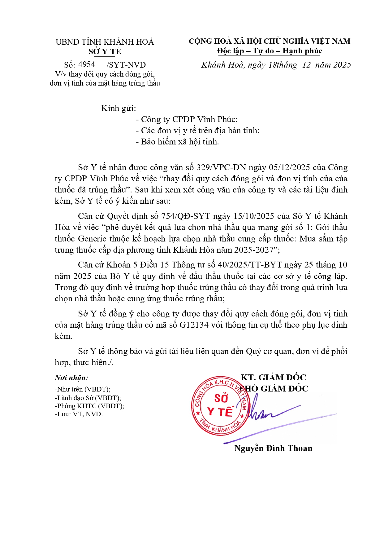 V/v thay đổi quy cách đóng gói, đơn vị tính của mặt hàng trúng thầu